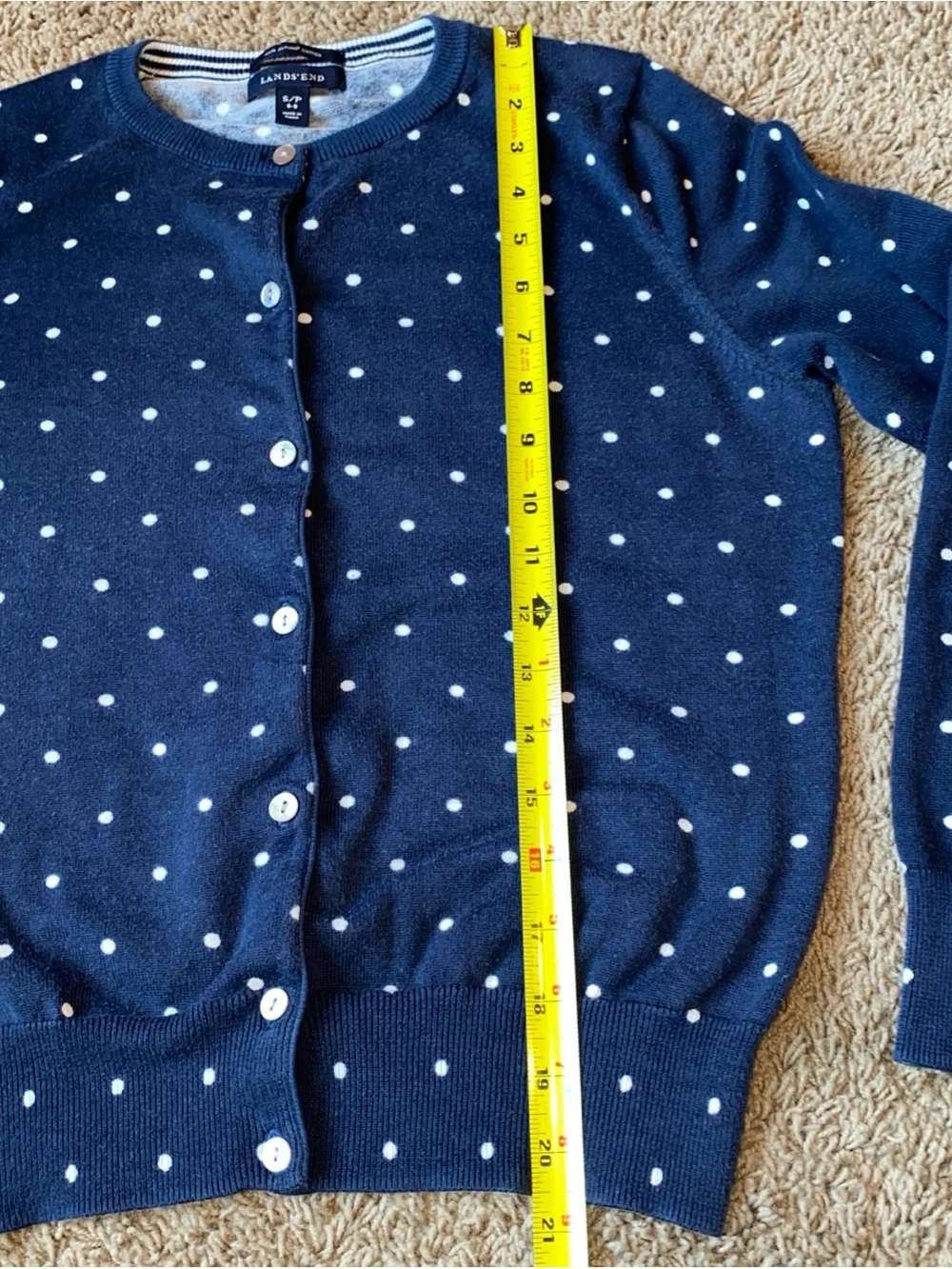 Lands End Cardigan Sweater Womens S Navy Polka Dot Supima Cotton Button Career
